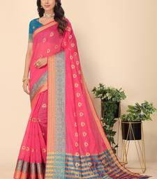 Pink Jacquard Cotton Blend Golden Zari Butta Butti Woven Maheshwari Saree With Blouse Piece