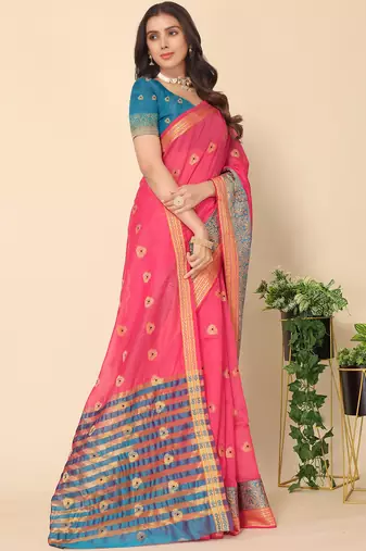 Pink Jacquard Cotton Blend Golden Zari Butta Butti Woven Maheshwari Saree With Blouse Piece