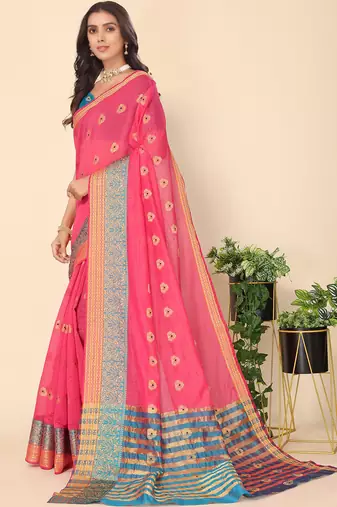 Pink Jacquard Cotton Blend Golden Zari Butta Butti Woven Maheshwari Saree With Blouse Piece