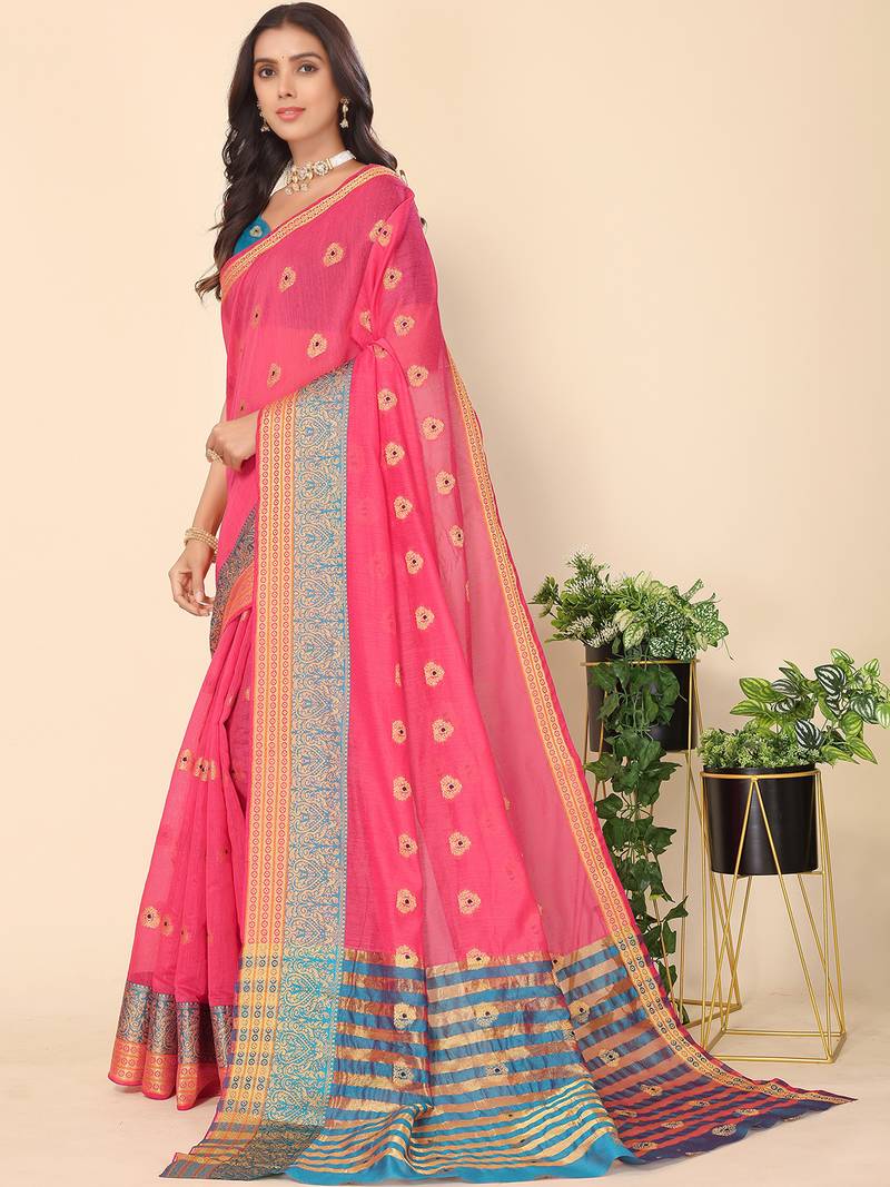 Pink Jacquard Cotton Blend Golden Zari Butta Butti Woven Maheshwari Saree With Blouse Piece