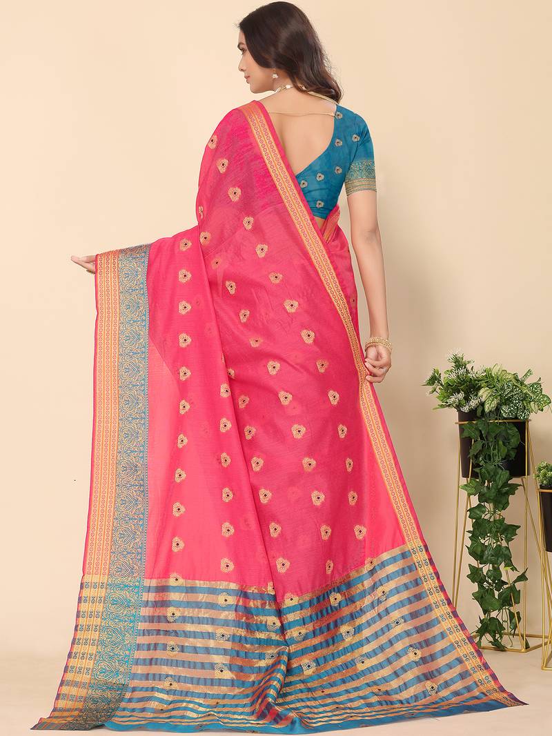 Pink Jacquard Cotton Blend Golden Zari Butta Butti Woven Maheshwari Saree With Blouse Piece