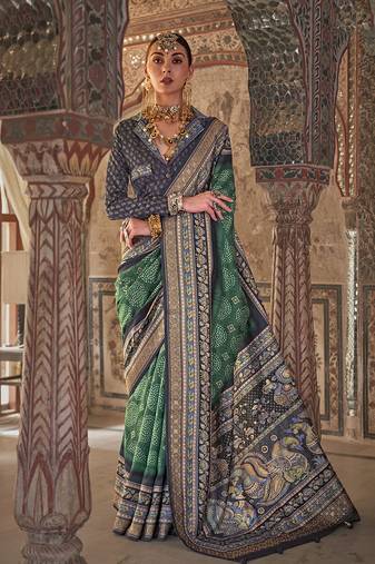 Green printed viscose silk designer saree