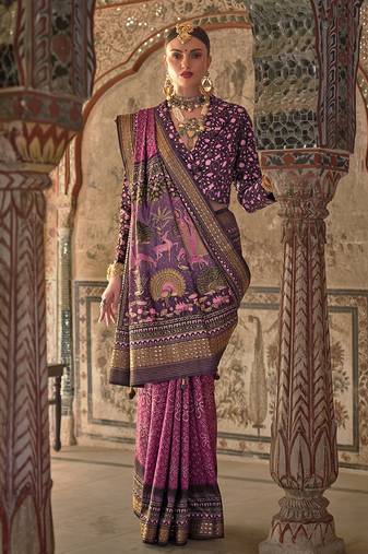 Dark pink printed viscose silk designer saree