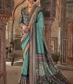 Aqua blue printed viscose silk designer saree