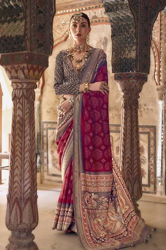 Dark red printed viscose silk designer saree