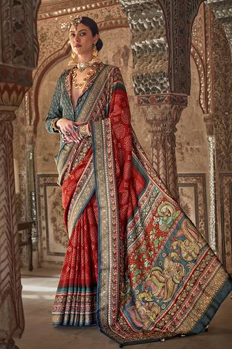 Orange printed viscose silk designer saree