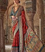 Orange printed viscose silk designer saree