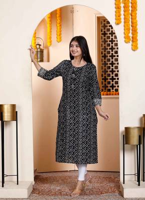 Womens rayon embroidery black bandhani printed straight kurti 2