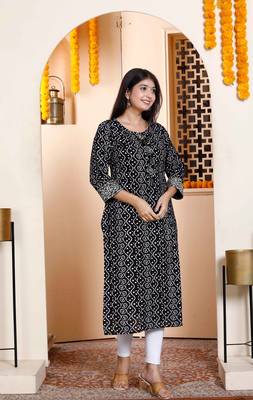 Womens rayon embroidery black bandhani printed straight kurti 3