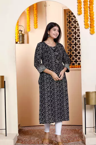 Womens rayon embroidery black bandhani printed straight kurti
