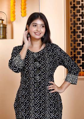 Womens rayon embroidery black bandhani printed straight kurti 4