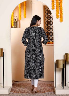 Womens rayon embroidery black bandhani printed straight kurti 5