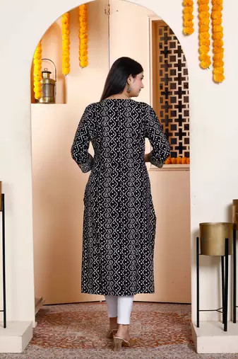 Womens rayon embroidery black bandhani printed straight kurti