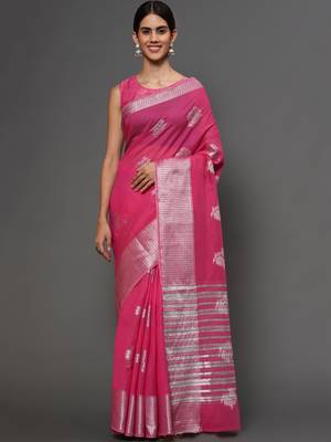 Pink Tissue Silk Silver Zari Floral Motifs Saree With Blouse Piece 1