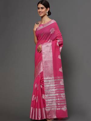 Pink Tissue Silk Silver Zari Floral Motifs Saree With Blouse Piece 2
