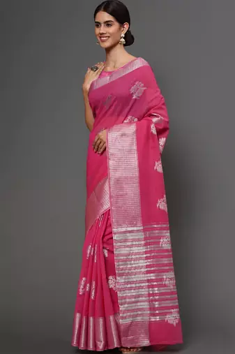 Pink Tissue Silk Silver Zari Floral Motifs Saree With Blouse Piece
