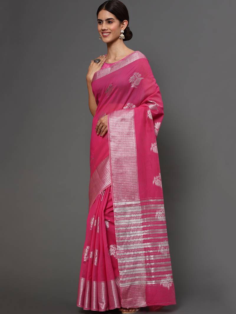 Pink Tissue Silk Silver Zari Floral Motifs Saree With Blouse Piece