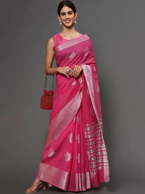 Pink Tissue Silk Silver Zari Floral Motifs Saree With Blouse Piece 3