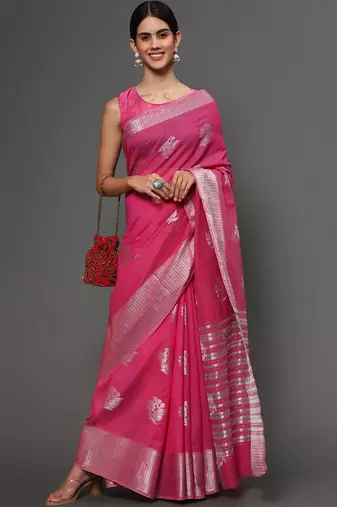 Pink Tissue Silk Silver Zari Floral Motifs Saree With Blouse Piece