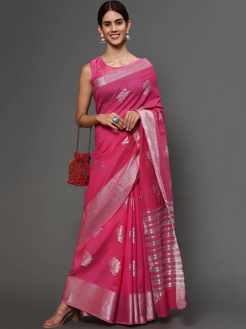 Pink Tissue Silk Silver Zari Floral Motifs Saree With Blouse Piece