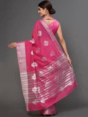 Pink Tissue Silk Silver Zari Floral Motifs Saree With Blouse Piece 4