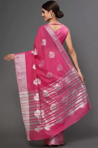 Pink Tissue Silk Silver Zari Floral Motifs Saree With Blouse Piece