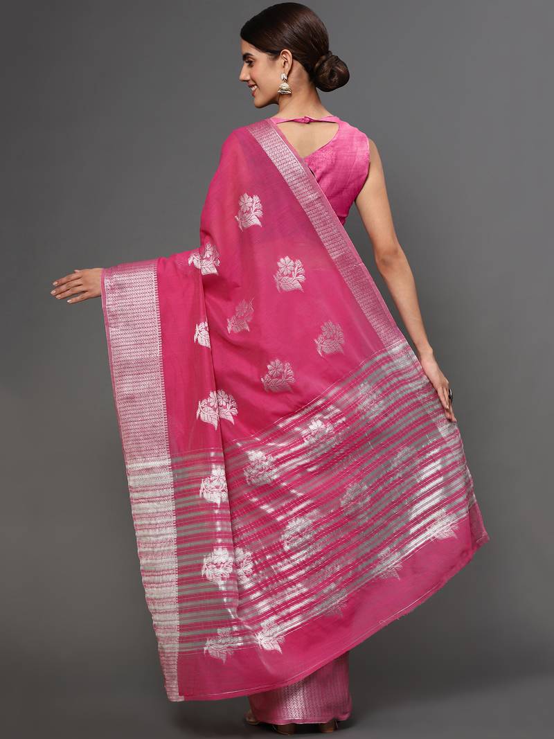 Pink Tissue Silk Silver Zari Floral Motifs Saree With Blouse Piece