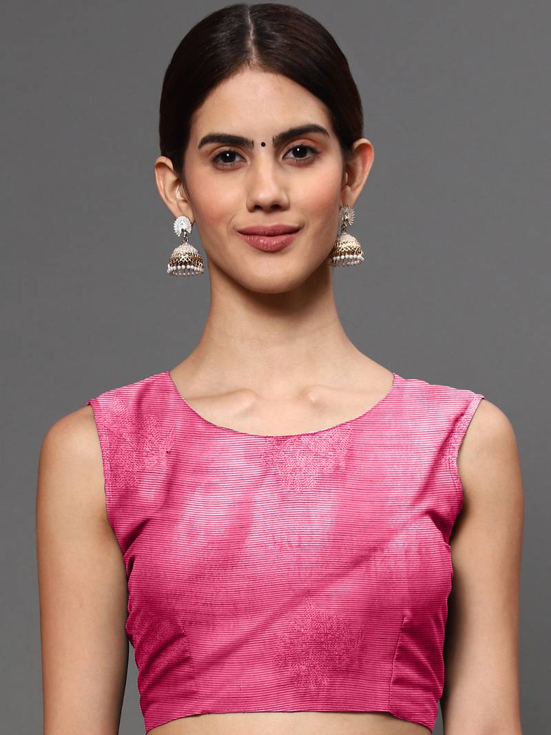 Pink Tissue Silk Silver Zari Floral Motifs Saree With Blouse Piece