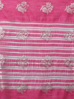 Pink Tissue Silk Silver Zari Floral Motifs Saree With Blouse Piece 6