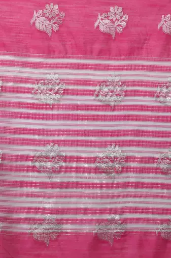 Pink Tissue Silk Silver Zari Floral Motifs Saree With Blouse Piece