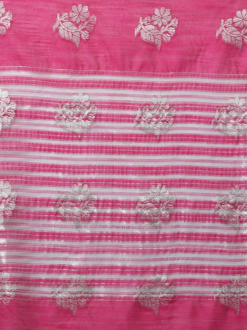 Pink Tissue Silk Silver Zari Floral Motifs Saree With Blouse Piece