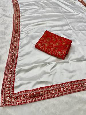 WHITE COLOUR JAPAN SATIN SILK SAREE 2