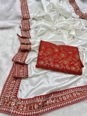 WHITE COLOUR JAPAN SATIN SILK SAREE 1