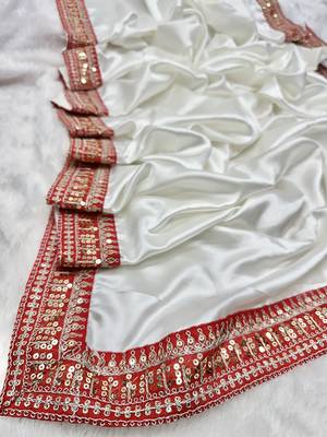 WHITE COLOUR JAPAN SATIN SILK SAREE 5