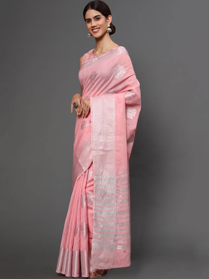 Light Pink Tissue Silk Silver Zari Floral Motifs Saree With Blouse Piece