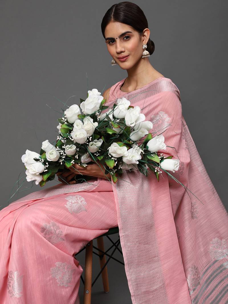 Light Pink Tissue Silk Silver Zari Floral Motifs Saree With Blouse Piece