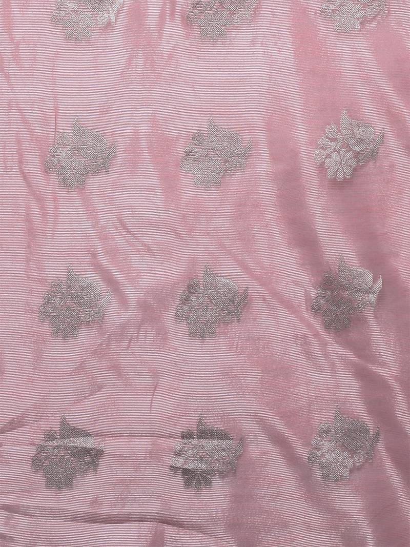 Light Pink Tissue Silk Silver Zari Floral Motifs Saree With Blouse Piece