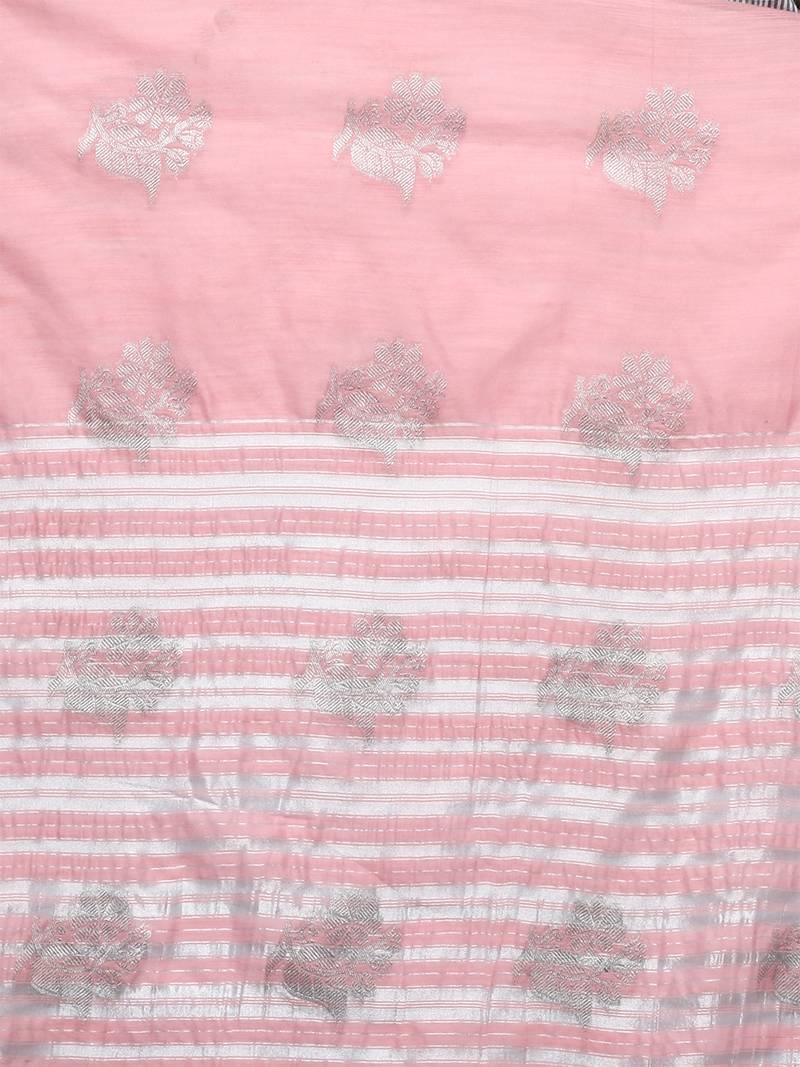 Light Pink Tissue Silk Silver Zari Floral Motifs Saree With Blouse Piece