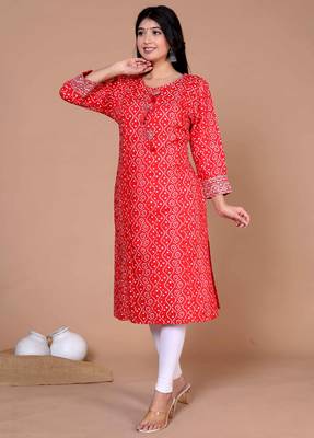 Womens festive wear red bandhani printed straight kurti 2