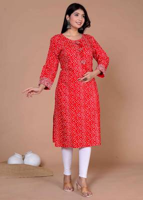 Womens festive wear red bandhani printed straight kurti 3
