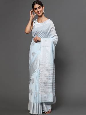 Blue Tissue Silk Silver Zari Floral Motifs Saree With Blouse Piece 1
