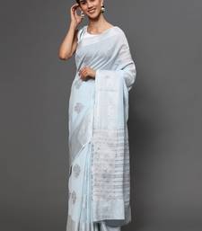 Blue Tissue Silk Silver Zari Floral Motifs Saree With Blouse Piece