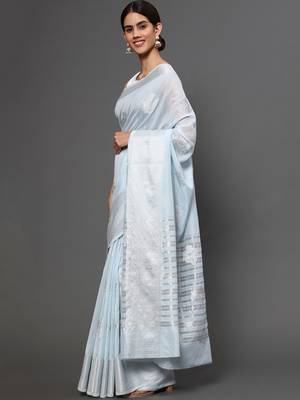 Blue Tissue Silk Silver Zari Floral Motifs Saree With Blouse Piece 2