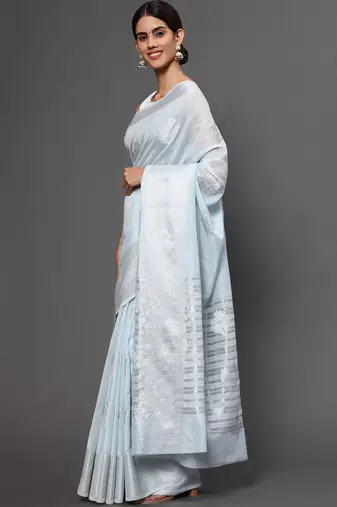 Blue Tissue Silk Silver Zari Floral Motifs Saree With Blouse Piece