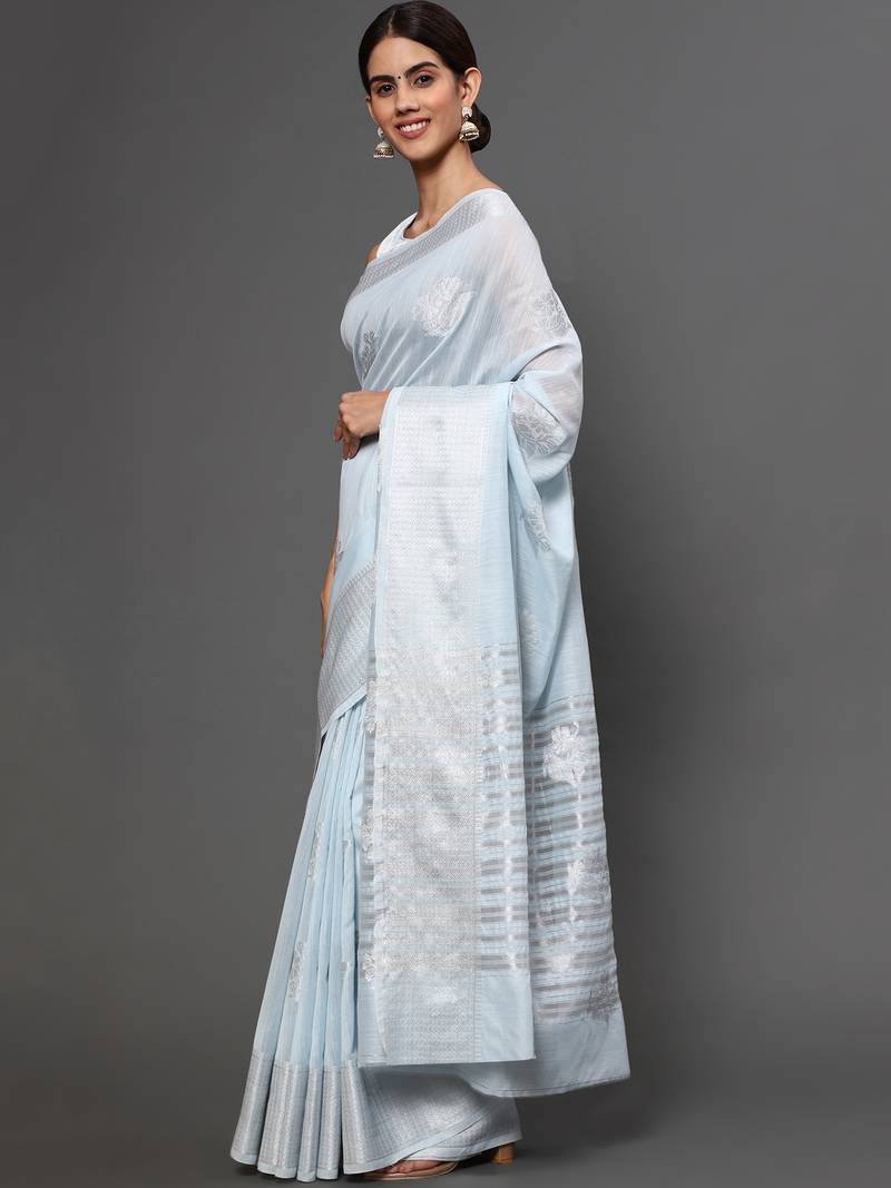 Blue Tissue Silk Silver Zari Floral Motifs Saree With Blouse Piece