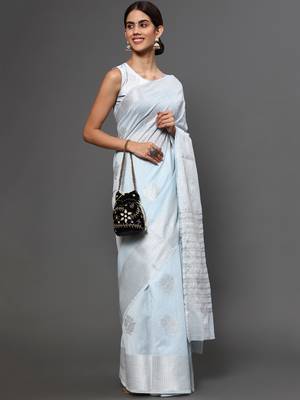 Blue Tissue Silk Silver Zari Floral Motifs Saree With Blouse Piece 3