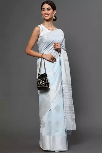 Blue Tissue Silk Silver Zari Floral Motifs Saree With Blouse Piece