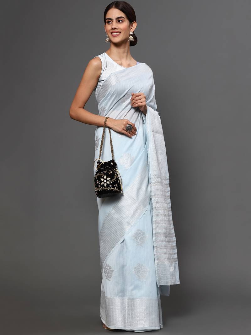 Blue Tissue Silk Silver Zari Floral Motifs Saree With Blouse Piece