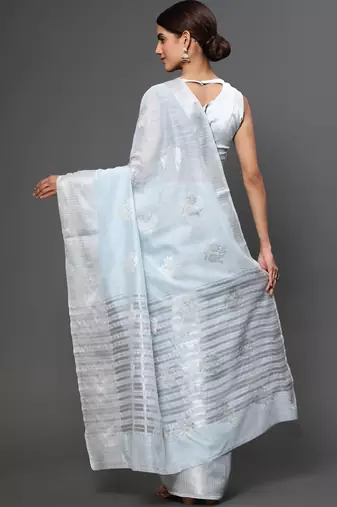 Blue Tissue Silk Silver Zari Floral Motifs Saree With Blouse Piece