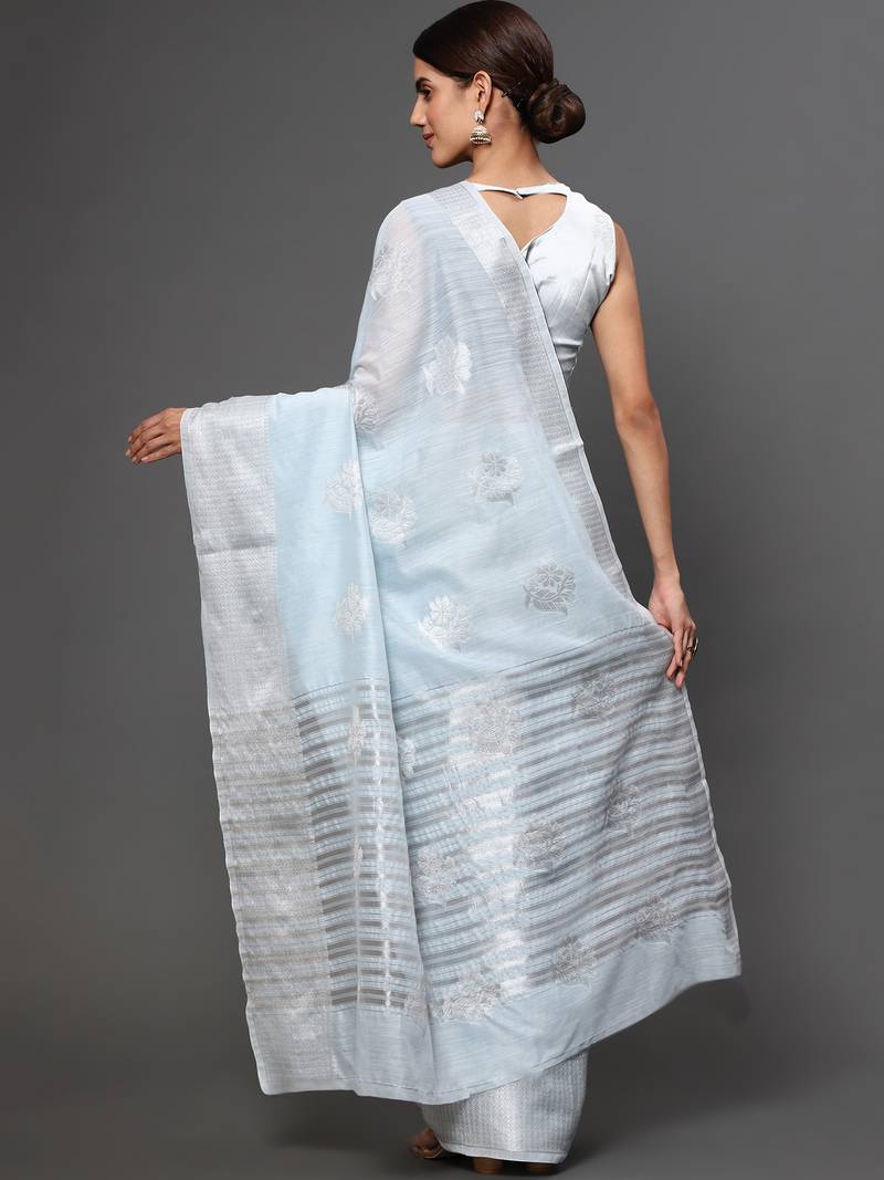 Blue Tissue Silk Silver Zari Floral Motifs Saree With Blouse Piece